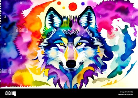 colorful drawing of a wolf with a rainbow Stock Photo - Alamy