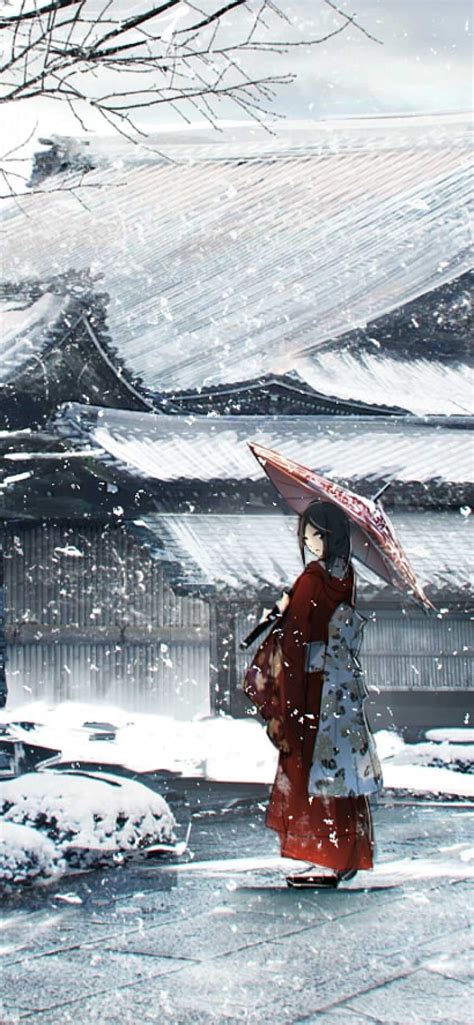 Snow, Anime Girl, Kimono, Winter, Traditional House, Umbrella for ...