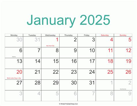 January 2025 Calendar Printable with Holidays | Whatisthedatetoday.Com