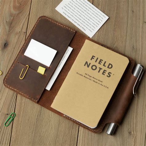 Refillable Genuine Leather Journal Cover for Pocket Size Field Notes Notebook Pen Holder Card ...