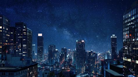 Blue Night City Sky Wallpaper