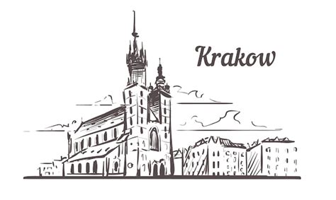Szkic Panoramę Krakowa, Polska | Premium Wektor