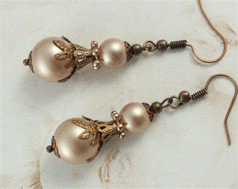 Vintage Pearl Drop Earrings Antique Copper Beaded Earrings | Etsy | Wedding earrings vintage ...