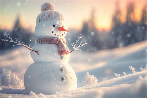 Premium Photo | Snowman standing in Winter Christmas landscape Snow background with free space ...