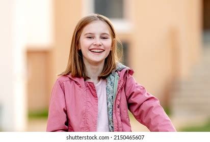 Portrait Smilling Little Girl Outdoors On Stock Photo 2150465607 ...