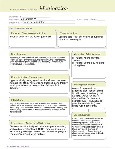 Pantoprazole - n/a - ACTIVE LEARNING TEMPLATES Medication STUDENT NAME ...