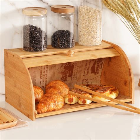 Wooden Bread Box Bamboo Roll Top Bread Holder Large Capacity Bread Organizer Food Storage Bin ...