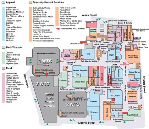 Map and list of all the stories in the original World Trade Center Mall ...