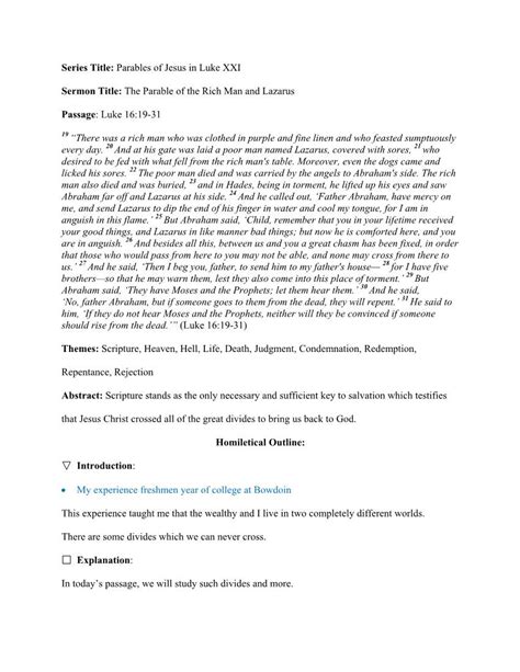 The Parable of the Rich Man and Lazarus Passage: Luke 16:19-31 - DocsLib