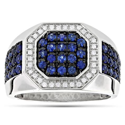 Unique 14K Gold Diamond and Blue Sapphire Mens Ring by Luxurman 1.8ctw Men Diamond Ring, Blue ...