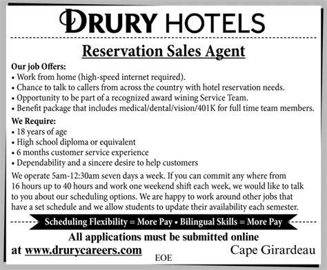 Reservation Sales Agent, Drury Hotels, Cape Girardeau, MO