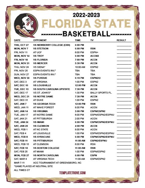 Printable 2022-2023 Florida State Seminoles Basketball Schedule