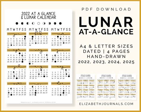 Lunar Calendar At-a-glance Moon Phases 2022 2025 - Etsy