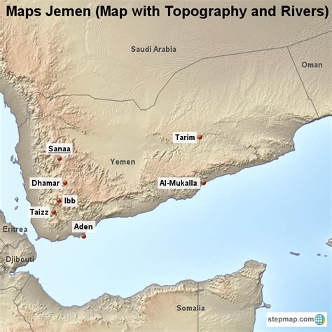 StepMap - Maps Jemen (Map with Topography and Rivers) - Landkarte für Yemen