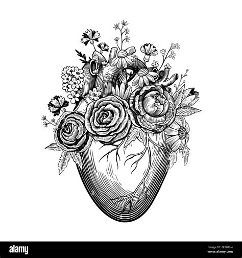 Vintage illustration of heart with flowers in tattoo engraving style ...