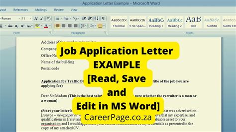 Job Application Letter Example [Read, Save and Edit in MS Word] - CareerPage.co.za