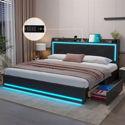 Buy HAUOMS King Bed Frame with Storage Drawers and LED Lights, Pu ...