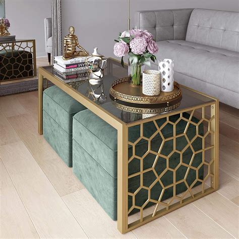 rectangle coffee table with stools brass geometric frame with glass top ...