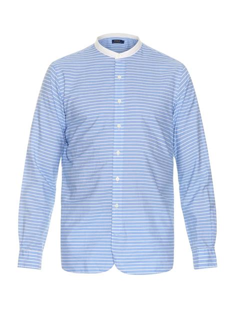 Lyst - Polo Ralph Lauren Grandad-Collar Striped Cotton Shirt in Blue for Men