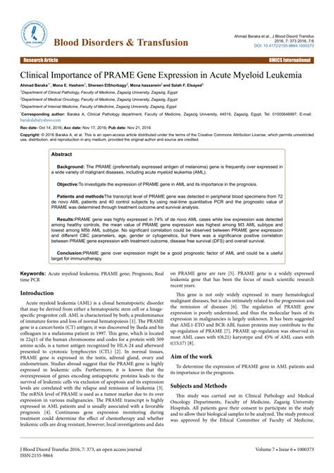 (PDF) Clinical Importance of PRAME Gene Expression in Acute Myeloid ...