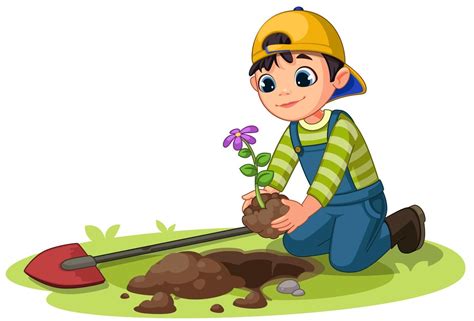 Little Boy Planting Small Flower Plant in the Garden