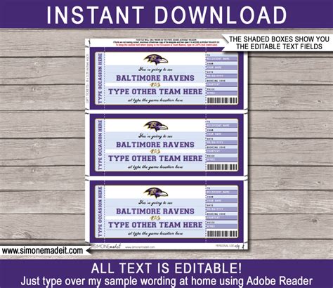 Baltimore Ravens Game Ticket Gift Voucher | Printable Surprise Football ...