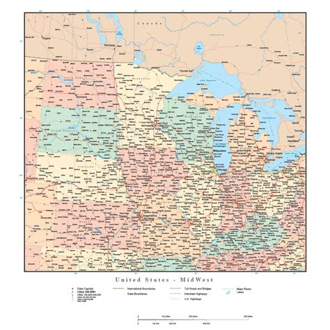 USA Midwest Region Map with States, Highways and Cities