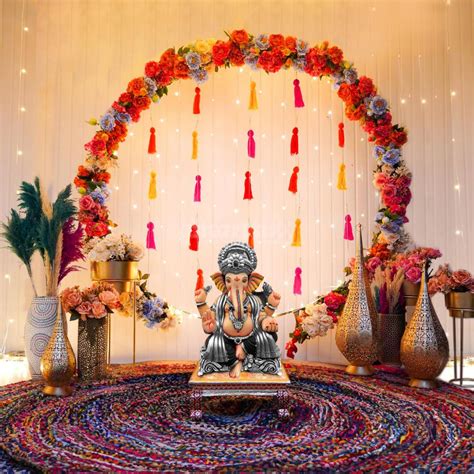 Ganesh Chaturthi Decorations at Home with Flowers, LED Lights, Backdrops