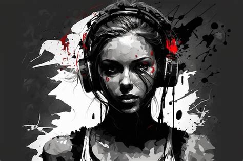 Premium Photo | A digital painting of a girl with headphones on.