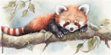 Whimsical watercolor playful baby red panda generative AI art Stock Illustration | Adobe Stock