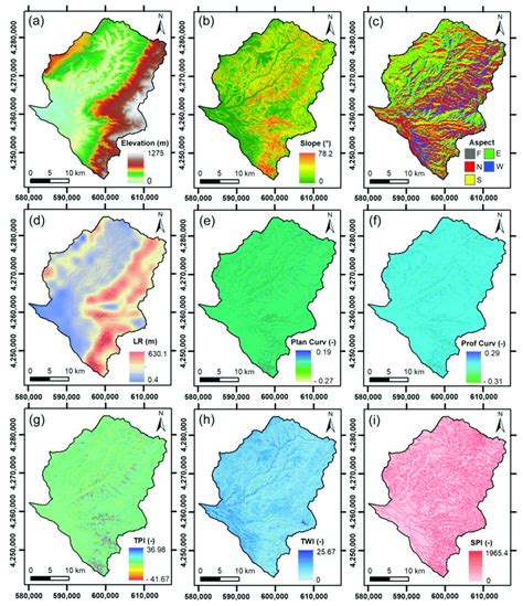 (a) Elevation map; (b) slope gradient map; (c) slope aspect map; (d)... | Download Scientific ...