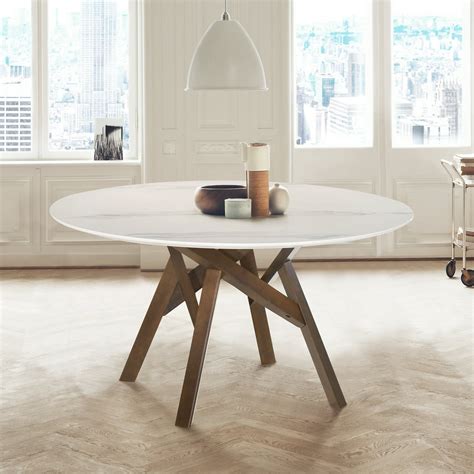 Venus 54" Round Mid-Century Modern White Marble Dining Table with Walnut Wood Legs - Walmart.com ...