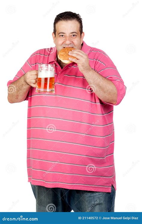 Fat Man Drinking Beer and Eating Hamburger Stock Photo - Image of adult, male: 21140572