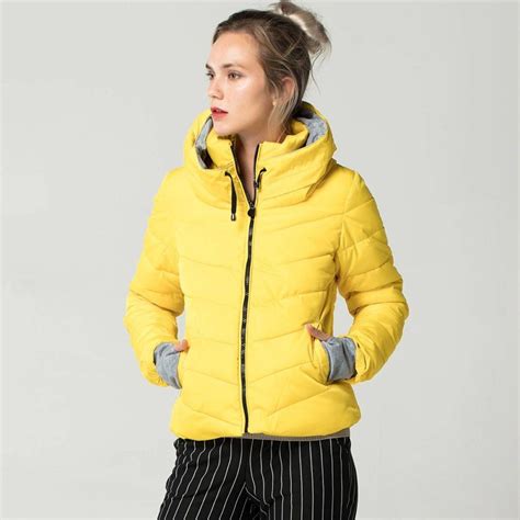 Hooded Yellow Women Autumn Winter Jacket Stand Collar Cotton Padded ...