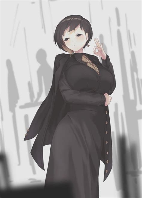 an anime character is standing in front of a white background with black hair and dark clothes