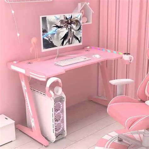 Pink Gaming Desk with RGB LED Light for Girls Gamer Computer Tabe Girls ...