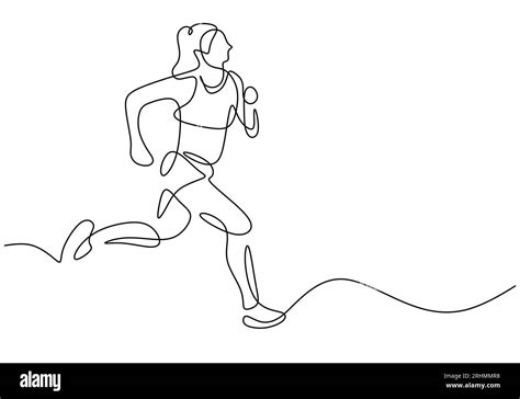 Marathon running, continuous one line drawing. Woman run with sport ...