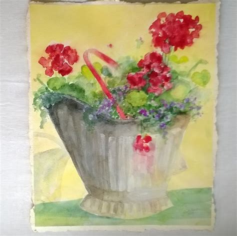 Watercolor Painting of Red Geraniums and a Coal Bucket Still