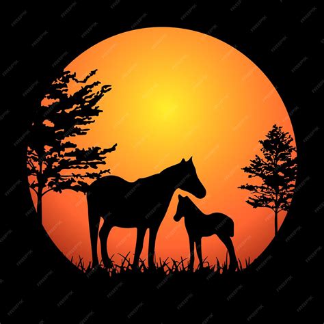 Premium Vector | Silhouette mom and baby horses