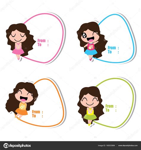 Birthday tag with cute girls on colorful frames vector cartoon — Stock ...