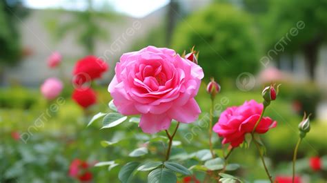 View Into A Garden Where A Pink Rose Is Seen Background, Beautiful Rose ...
