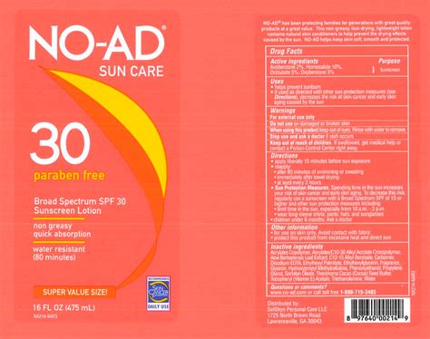 Avobenzone, homosalate, octisalate, and oxybenzone - Broad Spectrum SPF 30 Sunscreen (No-Ad Sun ...