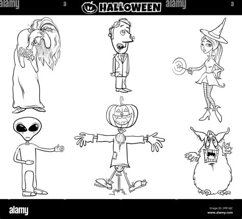 cartoon Halloween holiday characters set coloring page Stock Vector Image & Art - Alamy