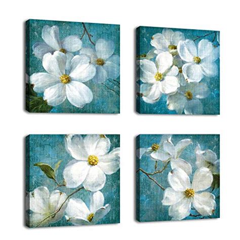 Flowers Canvas Wall Art Picture Bathroom Wall Decor White (12x12in 4P ...