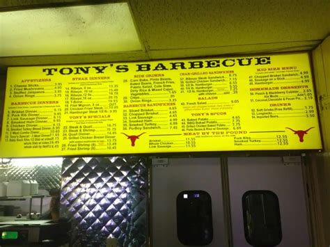 Menu at Tonys Barbecue, Beaumont