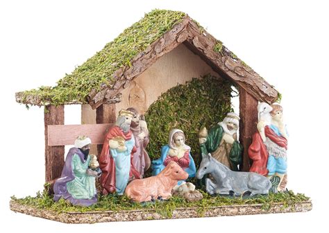 Mini Crèche de Noël aspect Bois et Mousse avec 9 Santons | Crèches et santons | Pearl.fr