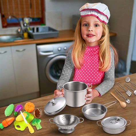 Juboury Play Kitchens Accessories Toys with Stainless Steel Cookware Pots and Pans Set, Cooking ...