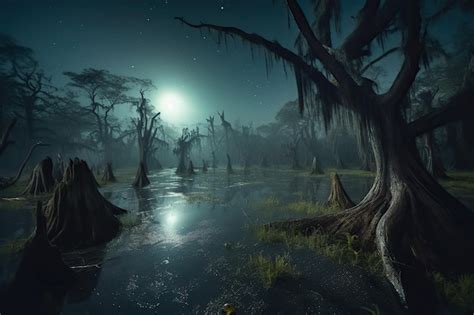 Premium AI Image | swamp night forest dark forest trees