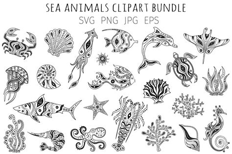 Bundle sea animals svg. Silhouettes of marine life for cut.