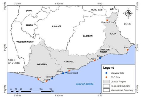 Map of the coastal regions of Ghana showing fishing communities for the... | Download Scientific ...